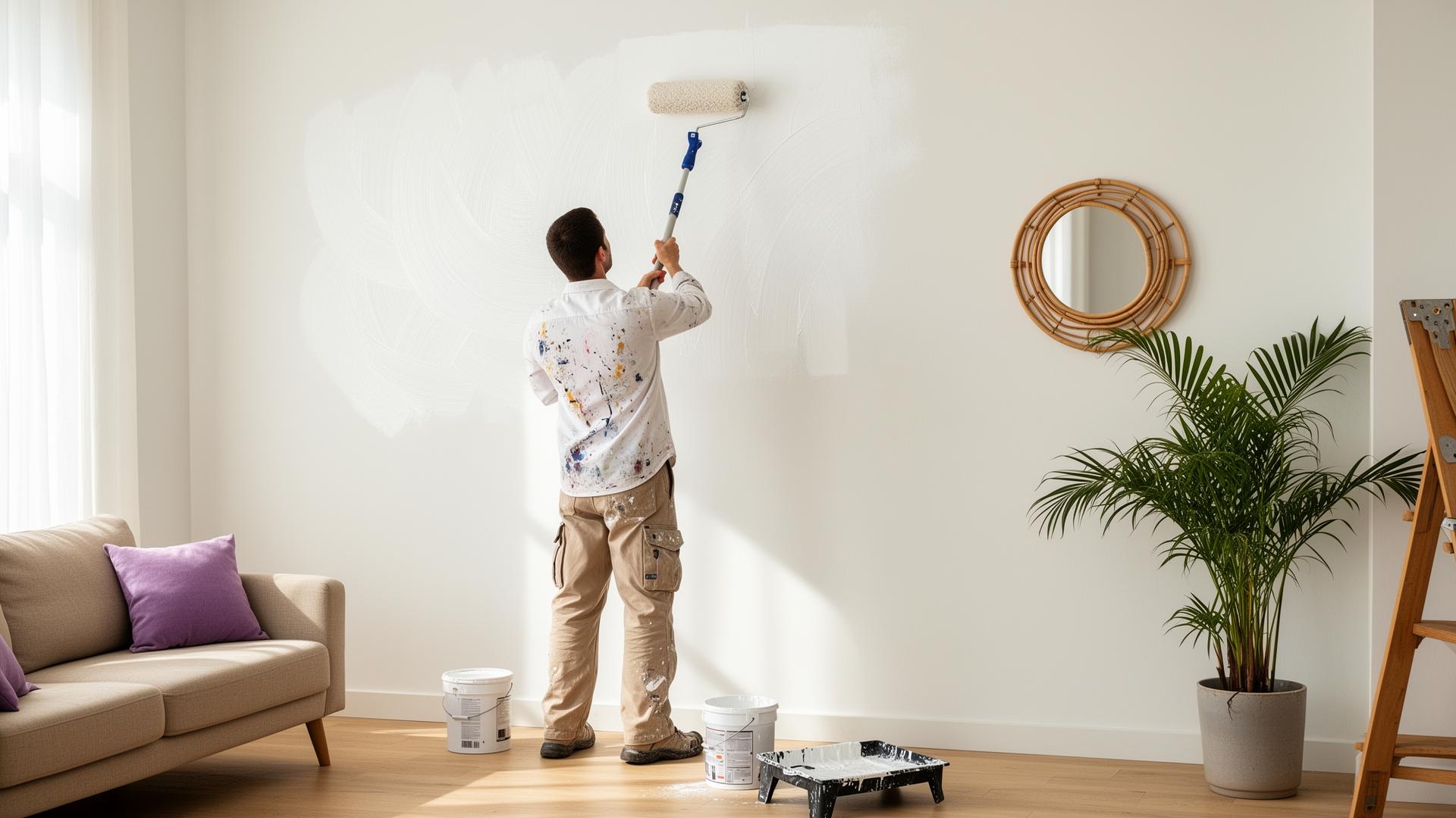 Professional painter applying fresh white paint with a roller